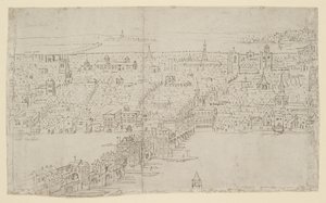 「ロンドンのパノラマ」からのロンドン橋、1544年頃（紙にペンとインクとチョーク） 作： Anthonis van den Wyngaerde